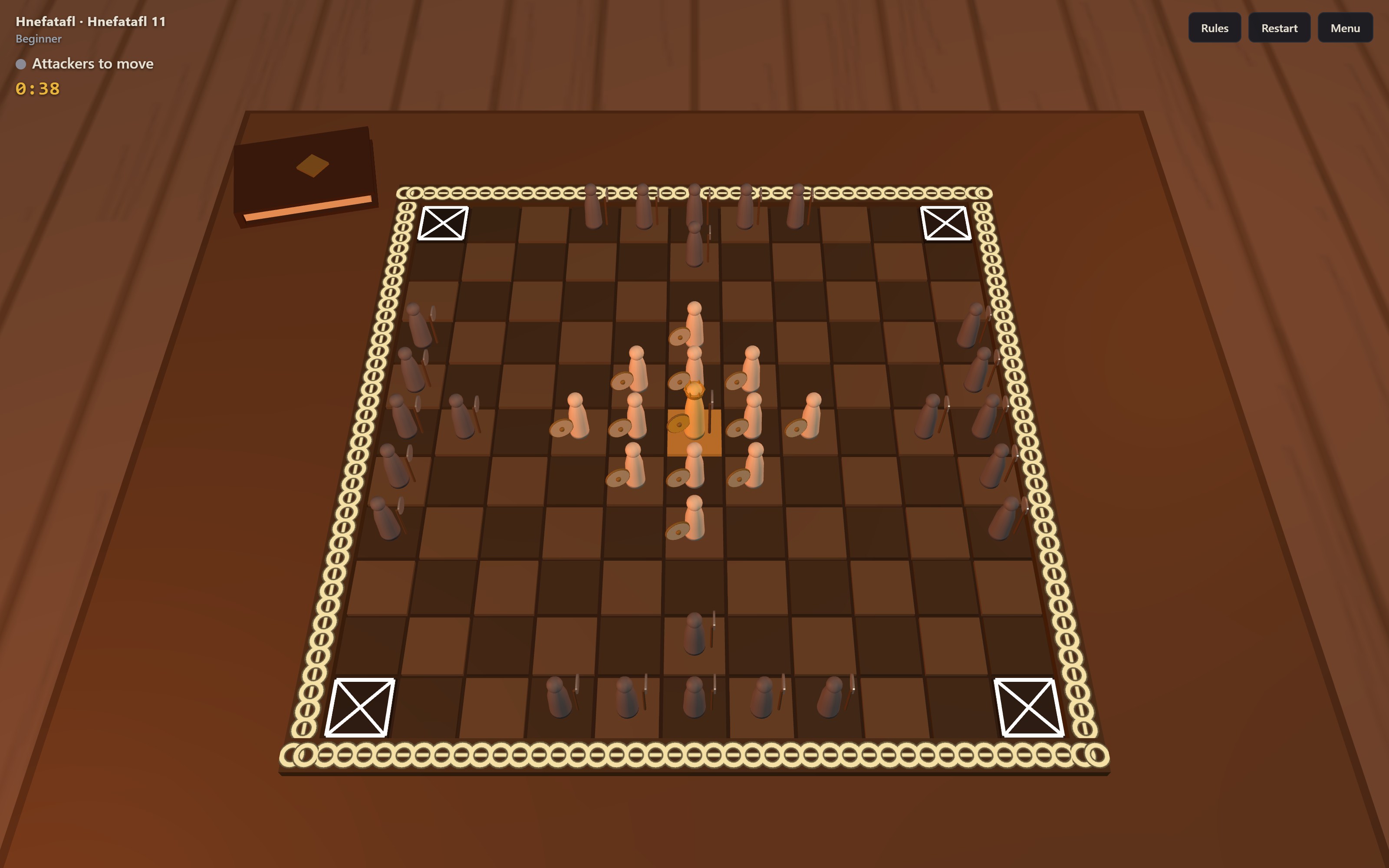 A game of Hnefatafl on the 11×11 king's table, played on the longhouse board